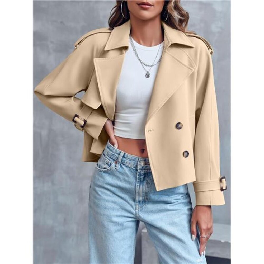 Women Crop Double Breasted Trench Coat Raglan Sleeve Work Office - Picture 2 of 7